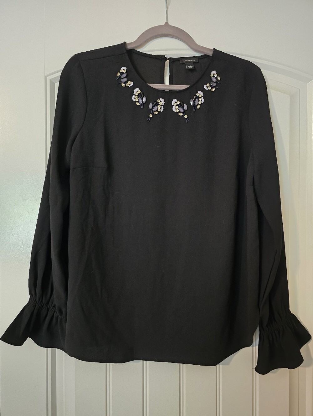Ann Taylor Black Long Sleeve Blouse with Floral Beaded Neckline